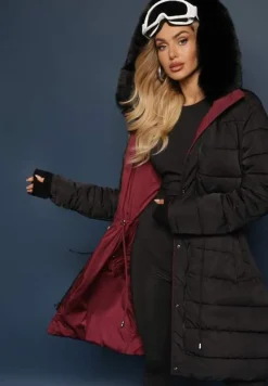 Bordowa Długa Kurtka Płaszcz o Dwustronnym Fasonie z Kapturem Astrae