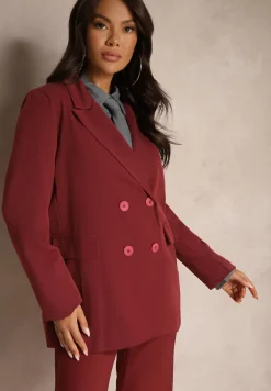 Bordowa Dwurzędowa Marynarka na Guziki z Poduszkami w Ramionach Elennia
