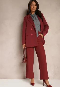 Bordowa Dwurzędowa Marynarka na Guziki z Poduszkami w Ramionach Elennia