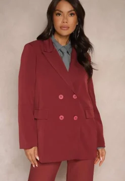 Bordowa Dwurzędowa Marynarka na Guziki z Poduszkami w Ramionach Elennia