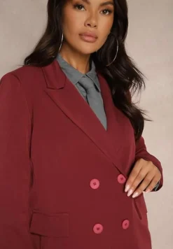 Bordowa Dwurzędowa Marynarka na Guziki z Poduszkami w Ramionach Elennia