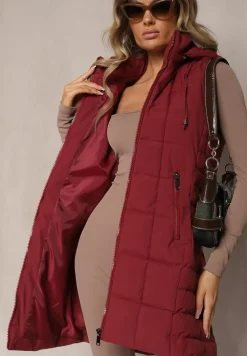 Bordowa Kamizelka Ozdobiona Pikowaniem i Odpinanym Kapturem Atoria