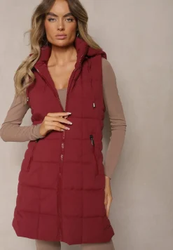 Bordowa Kamizelka Ozdobiona Pikowaniem i Odpinanym Kapturem Atoria