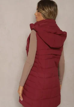 Bordowa Kamizelka Ozdobiona Pikowaniem i Odpinanym Kapturem Atoria