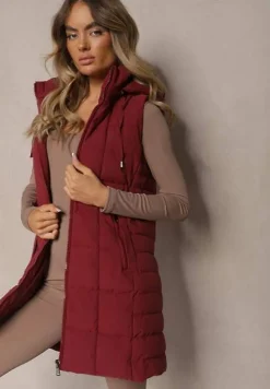 Bordowa Kamizelka Ozdobiona Pikowaniem i Odpinanym Kapturem Atoria