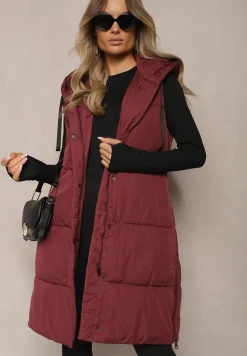 Bordowa Kamizelka Pikowana Wykończona Kapturem i Sznurkami Quinaria