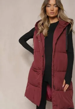 Bordowa Kamizelka Pikowana Wykończona Kapturem i Sznurkami Quinaria