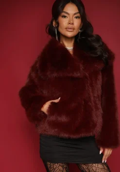 Bordowa Klasyczna Kurtka Futerko z Szerokim Kołnierzem Sannithra