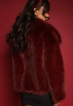 Bordowa Klasyczna Kurtka Futerko z Szerokim Kołnierzem Sannithra