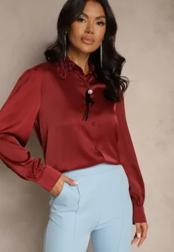 Bordowa Koszula z Bufiastymi Rękawami Kołnierzem z Perłami i Broszką Gonathiel