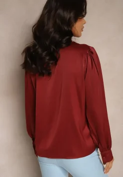 Bordowa Koszula z Bufiastymi Rękawami Kołnierzem z Perłami i Broszką Gonathiel