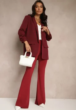 Bordowa Marynarka Niezapinana z Marszczonymi Rękawami Orolea