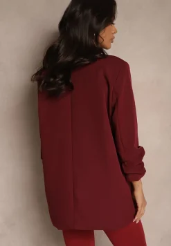 Bordowa Marynarka Niezapinana z Marszczonymi Rękawami Orolea