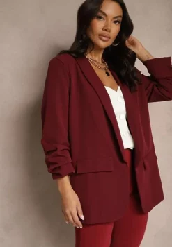 Bordowa Marynarka Niezapinana z Marszczonymi Rękawami Orolea