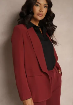 Bordowa Niezapinana Marynarka o Prostym Kroju z Imitacją Kieszeni i Podszewką w Cętki Sartea