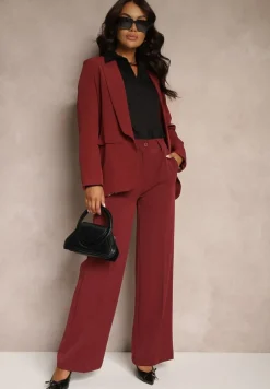 Bordowa Niezapinana Marynarka o Prostym Kroju z Imitacją Kieszeni i Podszewką w Cętki Sartea