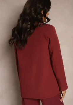 Bordowa Niezapinana Marynarka o Prostym Kroju z Imitacją Kieszeni i Podszewką w Cętki Sartea