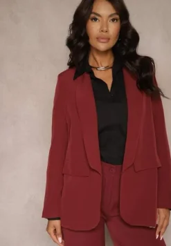 Bordowa Niezapinana Marynarka o Prostym Kroju z Imitacją Kieszeni i Podszewką w Cętki Sartea
