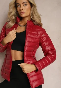 Bordowa Przejściowa Kurtka Pikowana z Zasuwanymi Kieszeniami Asethalia