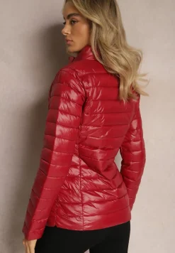 Bordowa Przejściowa Kurtka Pikowana z Zasuwanymi Kieszeniami Asethalia