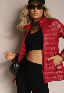 Bordowa Przejściowa Kurtka Pikowana z Zasuwanymi Kieszeniami Asethalia