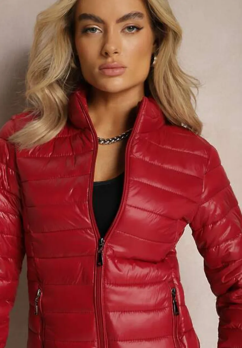 Bordowa Przejściowa Kurtka Pikowana z Zasuwanymi Kieszeniami Asethalia