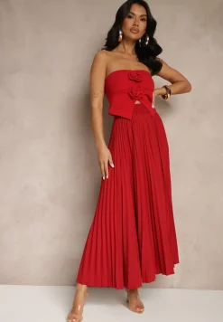 Bordowa Rozkloszowana Spódnica z Gumką w Talii Zdobiona Plisami Firlimi