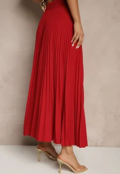 Bordowa Rozkloszowana Spódnica z Gumką w Talii Zdobiona Plisami Firlimi