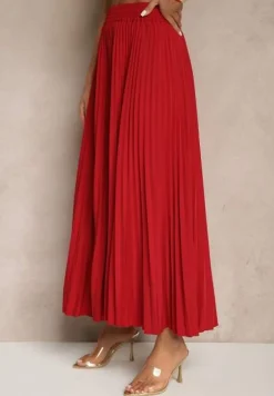 Bordowa Rozkloszowana Spódnica z Gumką w Talii Zdobiona Plisami Firlimi