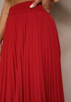 Bordowa Rozkloszowana Spódnica z Gumką w Talii Zdobiona Plisami Firlimi