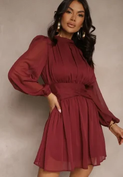 Bordowa Rozkloszowana Sukienka z Półprzeźroczystymi Wstawkami i Stójką Gelabine