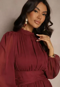 Bordowa Rozkloszowana Sukienka z Półprzeźroczystymi Wstawkami i Stójką Gelabine