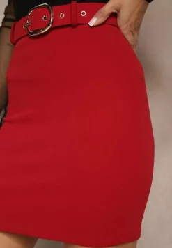 Bordowa Spódnica Ołówkowa High Waist Ozdobiona Paskiem z Metaliczną Klamrą Avarie