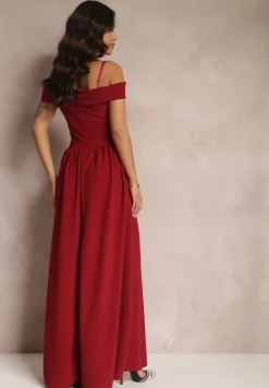 Bordowa Sukienka Koktajlowa z Głębokim Dekoltem Maxi Gelfe