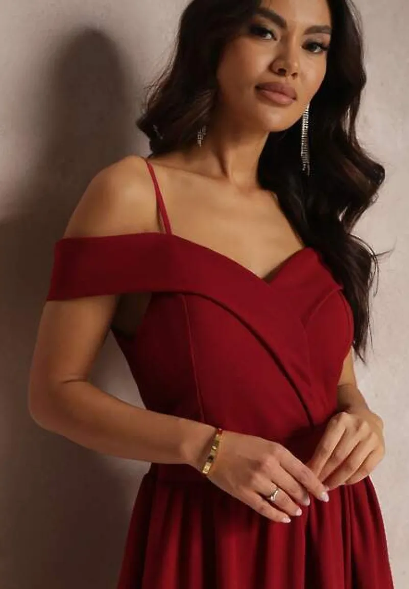 Bordowa Sukienka Koktajlowa z Głębokim Dekoltem Maxi Gelfe