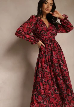 Bordowa Sukienka Maxi Rozkloszowana z Kopertowym Dekoltem Bramave