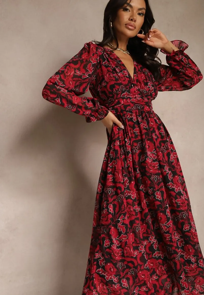 Bordowa Sukienka Maxi Rozkloszowana z Kopertowym Dekoltem Bramave