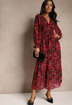 Bordowa Sukienka Maxi Rozkloszowana z Kopertowym Dekoltem Bramave