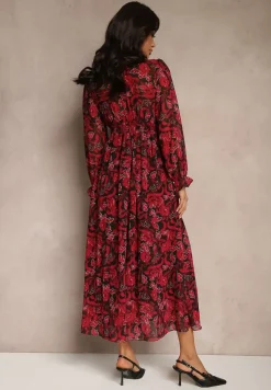 Bordowa Sukienka Maxi Rozkloszowana z Kopertowym Dekoltem Bramave