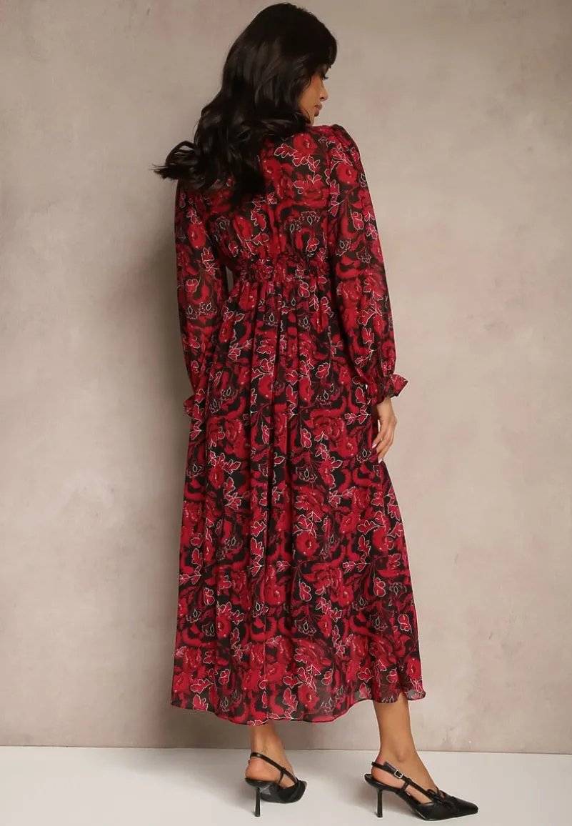 Bordowa Sukienka Maxi Rozkloszowana z Kopertowym Dekoltem Bramave