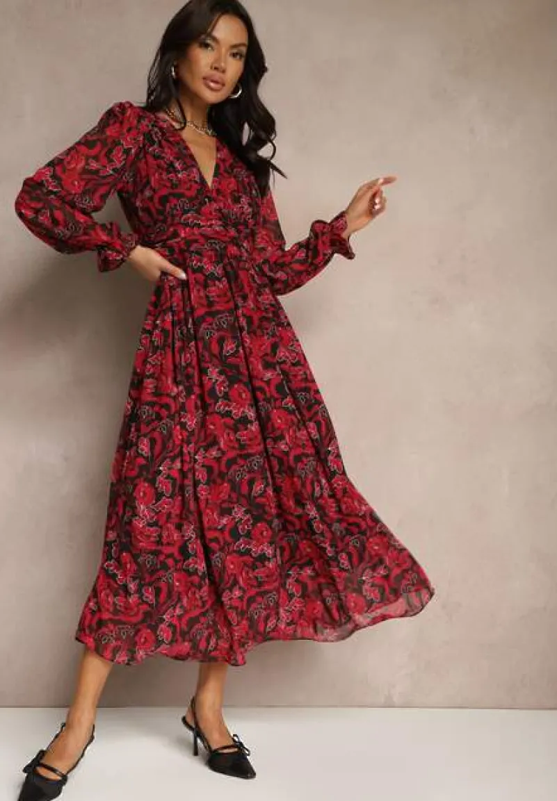 Bordowa Sukienka Maxi Rozkloszowana z Kopertowym Dekoltem Bramave