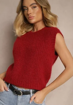 Bordowa Sweterkowa Kamizelka z Wełną z Prążkowanego Materiału Titheora