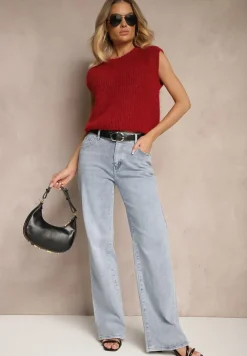 Bordowa Sweterkowa Kamizelka z Wełną z Prążkowanego Materiału Titheora