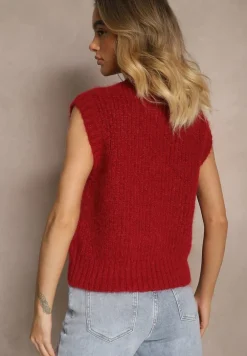 Bordowa Sweterkowa Kamizelka z Wełną z Prążkowanego Materiału Titheora