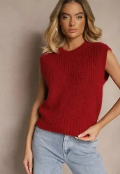 Bordowa Sweterkowa Kamizelka z Wełną z Prążkowanego Materiału Titheora