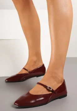 Bordowe Balerinki Mary Jane na Płaskiej Podeszwie z Paskami na Sprzączki Zinitia