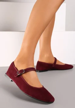 Bordowe Balerinki o Kwadratowym Nosku w Stylu Mary Jane z Paseczkiem Naiva