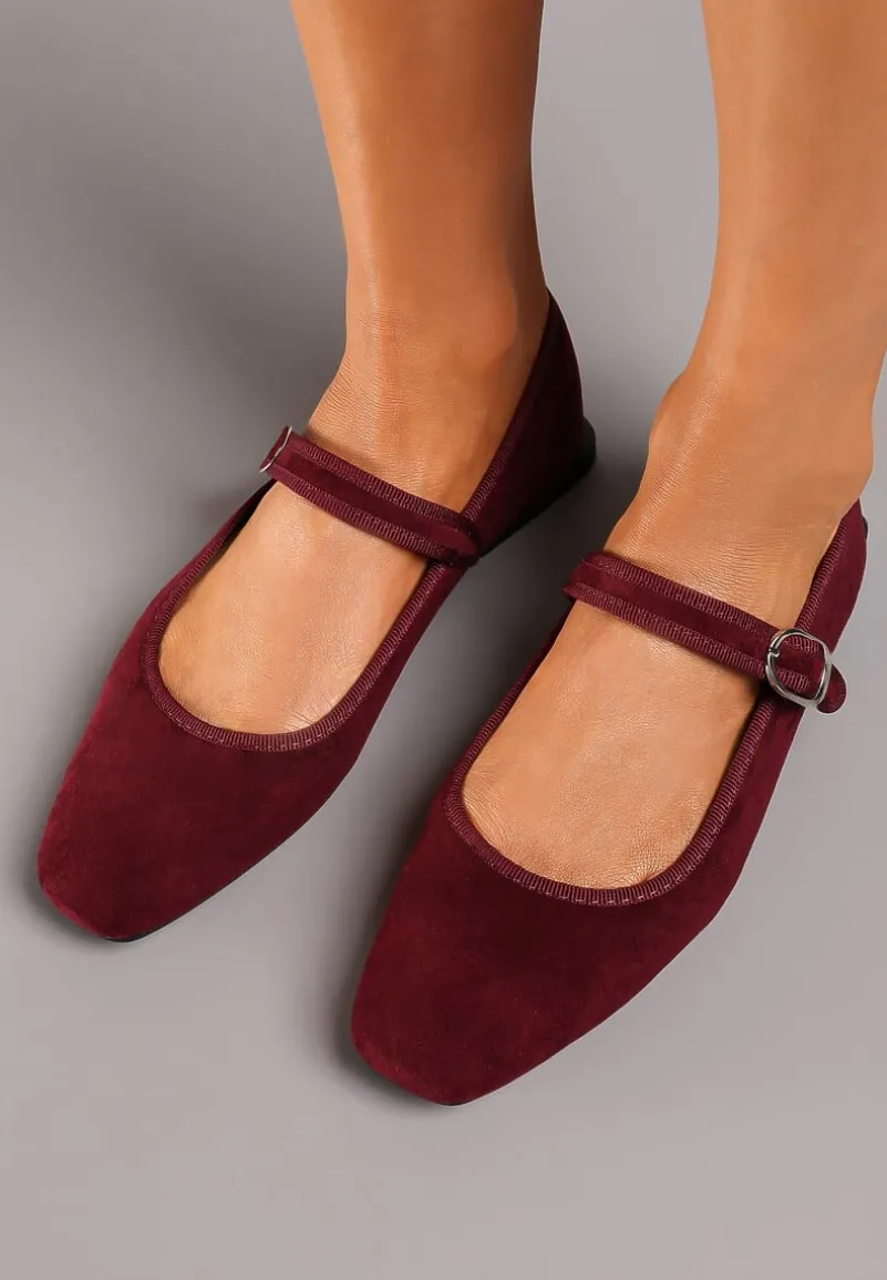 Bordowe Balerinki o Kwadratowym Nosku w Stylu Mary Jane z Paseczkiem Naiva