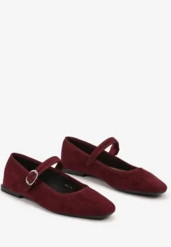 Bordowe Balerinki o Kwadratowym Nosku w Stylu Mary Jane z Paseczkiem Naiva