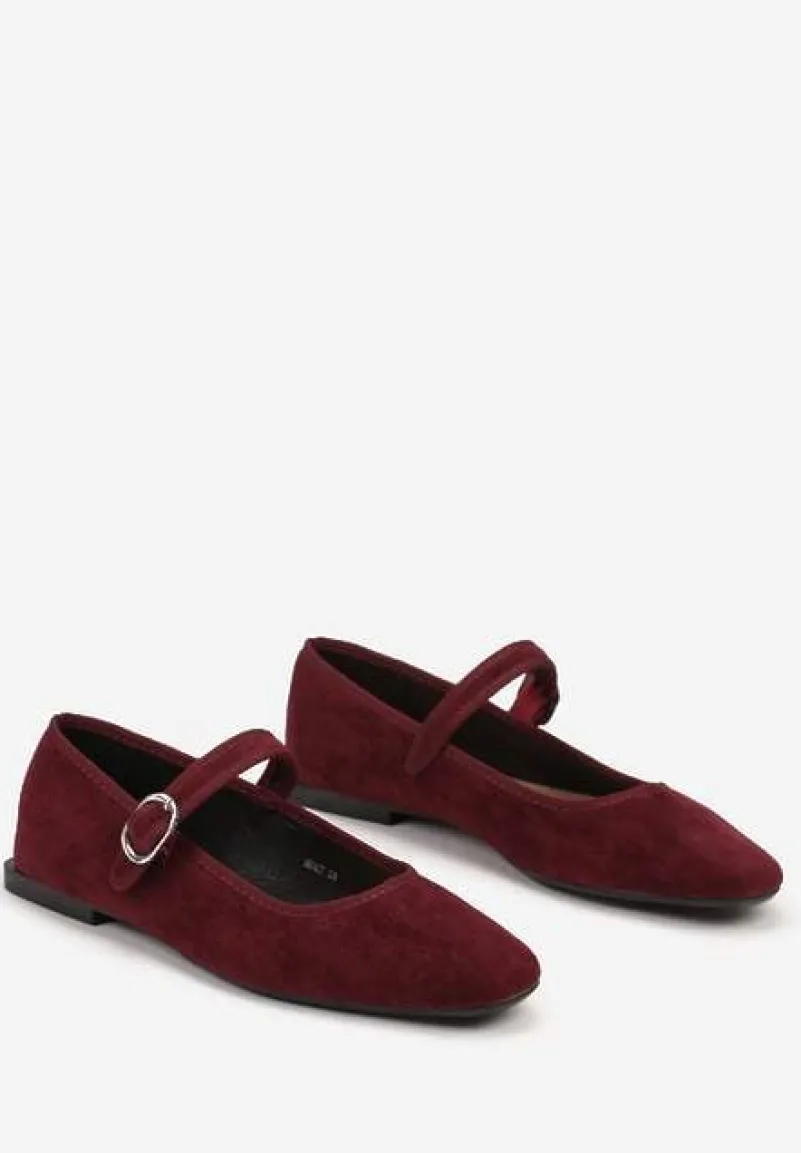 Bordowe Balerinki o Kwadratowym Nosku w Stylu Mary Jane z Paseczkiem Naiva